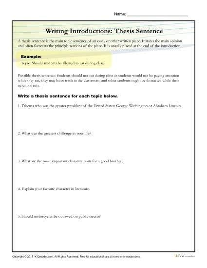 thesis statement practice worksheet middle school